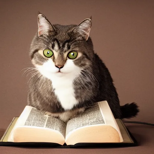 Image similar to award winning photograph of super adorable cat standing in front an open Bible, studio lighting, studio photography