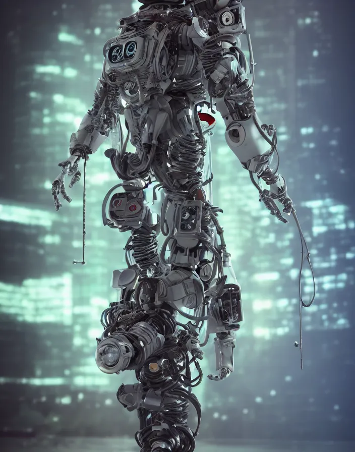 Image similar to full body portrait photo of american exosuit with digital led indicators, thin neon lighting, portrait photo, intricate details, ultra realistic, unreal engine 5, depth of field, bokeh, octane render, 8 k hd