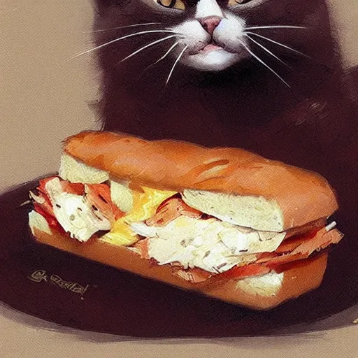 Image similar to a cat eating a big sandwich,digital art,highly detailed,art by greg rutkowski,artstation,realistic