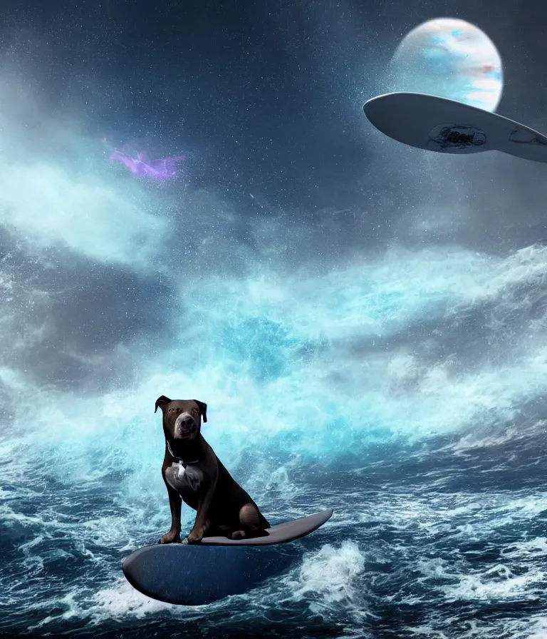 Image similar to photo of a dark gray coat pit bull with a white paws and a white nose!, surfing on a surfboard in a crashing wave of alien galaxy, trending on art station, ocean in space, background is an alien galaxy, aliens in the background, alien colors, octane render, unreal engine, wide view, 8 k, highly detailed