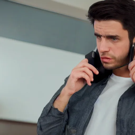 Prompt: young dark haired lean methed out male making sales pitches on the phone in real life, 8 k, 4 k uhd, realistic, hyper realistic, super detailed, very detailed, detailed