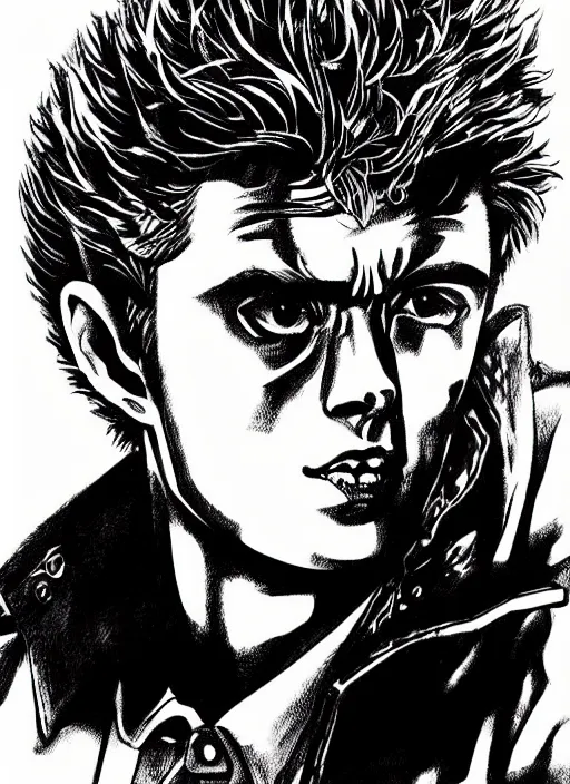 Image similar to james dean in the style of kentaro miura, james dean in berserk, detailed manga illustration, anime fantasy illustration, ink portrait