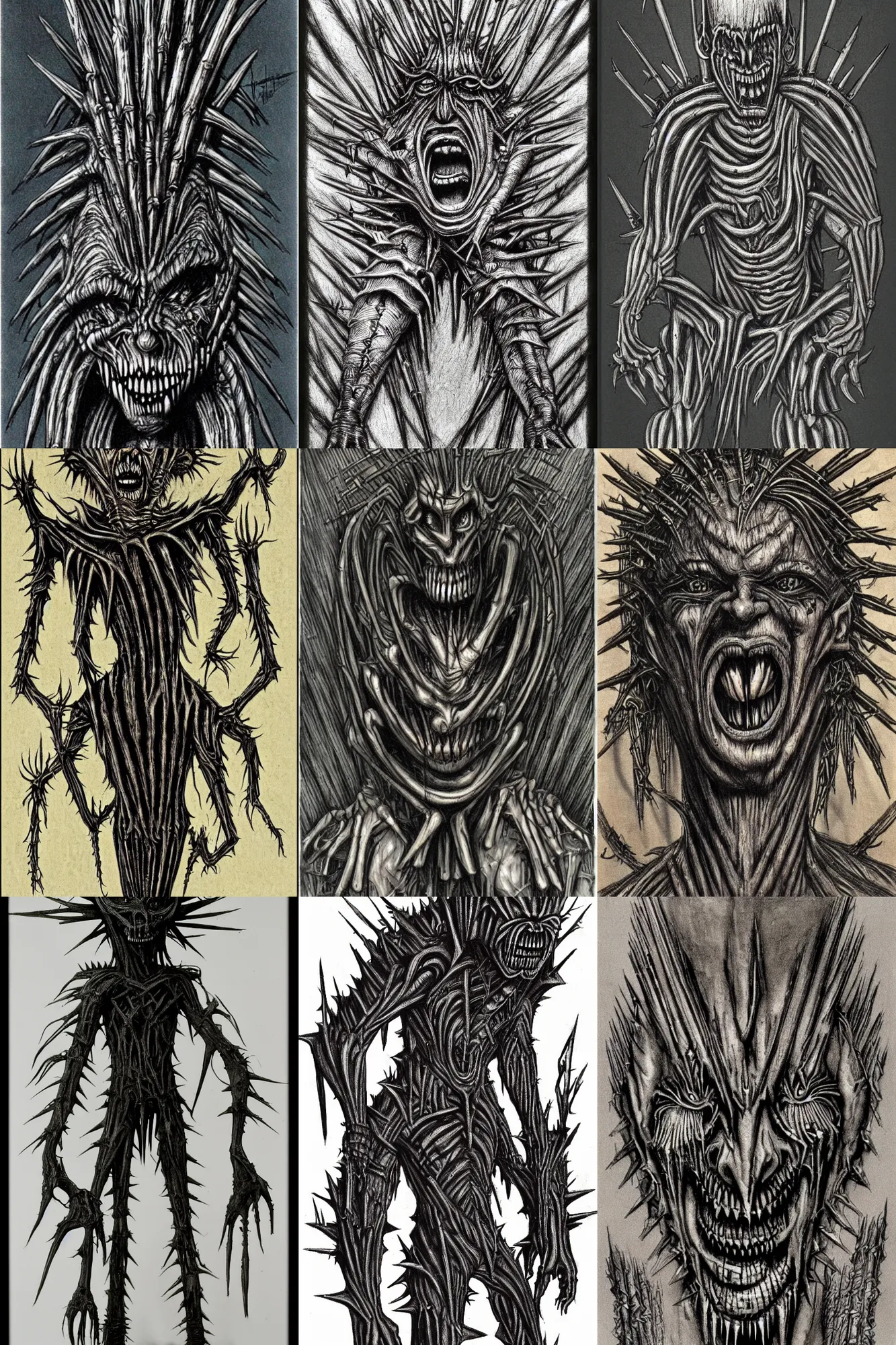 Prompt: grotesque twisted humanoid figure with spikes drawn by hr giger