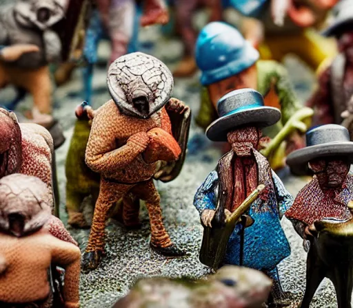 Prompt: miniature figurines of surreal heironymus bosch monsters, close up, detail, tilt shift, product photography