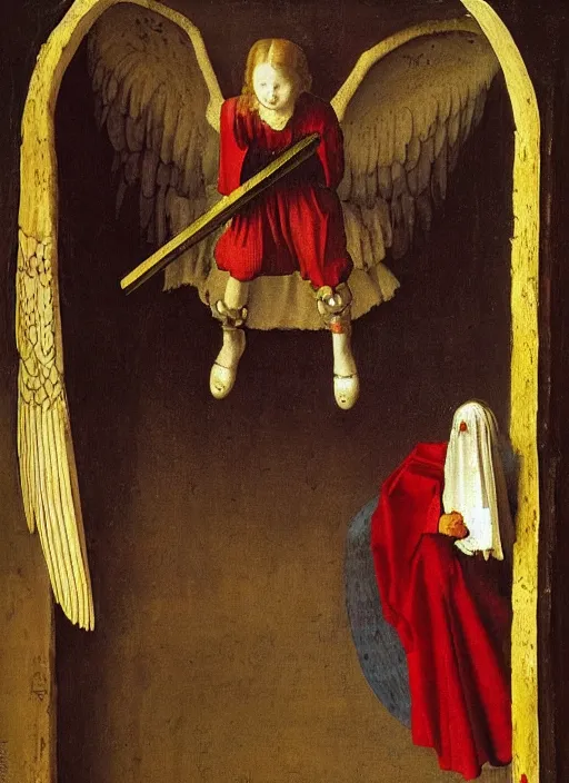 Image similar to Flying Fallen Angel with wings dressed in red, Medieval painting by Jan van Eyck, Johannes Vermeer, Florence