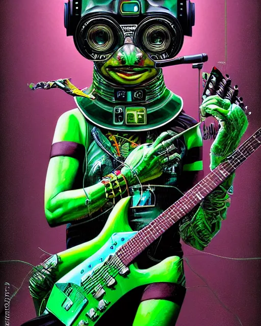 Prompt: a portrait of an anthropomorphic cyberpunk green turtle shredding an electric guitar by sandra chevrier, by jon foster, detailed render, tape deck, epic composition, cybernetics, 4 k realistic, cryengine, realistic shaded lighting, sharp focus, masterpiece, by enki bilal