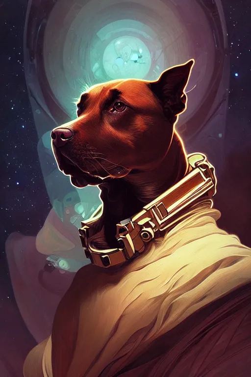 Image similar to Portrait of dog in space, dark fantasy, intricate, elegant, highly detailed, digital painting, artstation, concept art, smooth, sharp focus, illustration, art by Sam Youn and Fernanda Suarez and Artem Demura and alphonse mucha