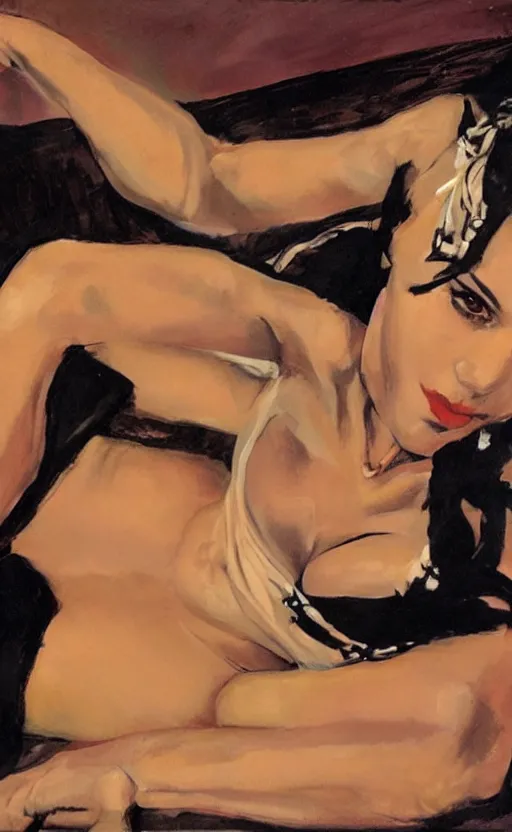 Prompt: reclining latina with short hair and silk robes, by Simon Bisley