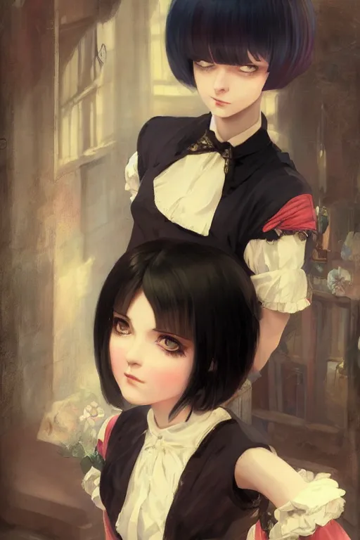 Image similar to a portrait of a cute young Victorian maid with black bob cut hair, steampunk setting, vivid colors, soft lighting, atmospheric, cinematic, moody, in the style of Ilya Kuvshinov and Range Murata, Krenz Cushart, oil on canvas, 8k