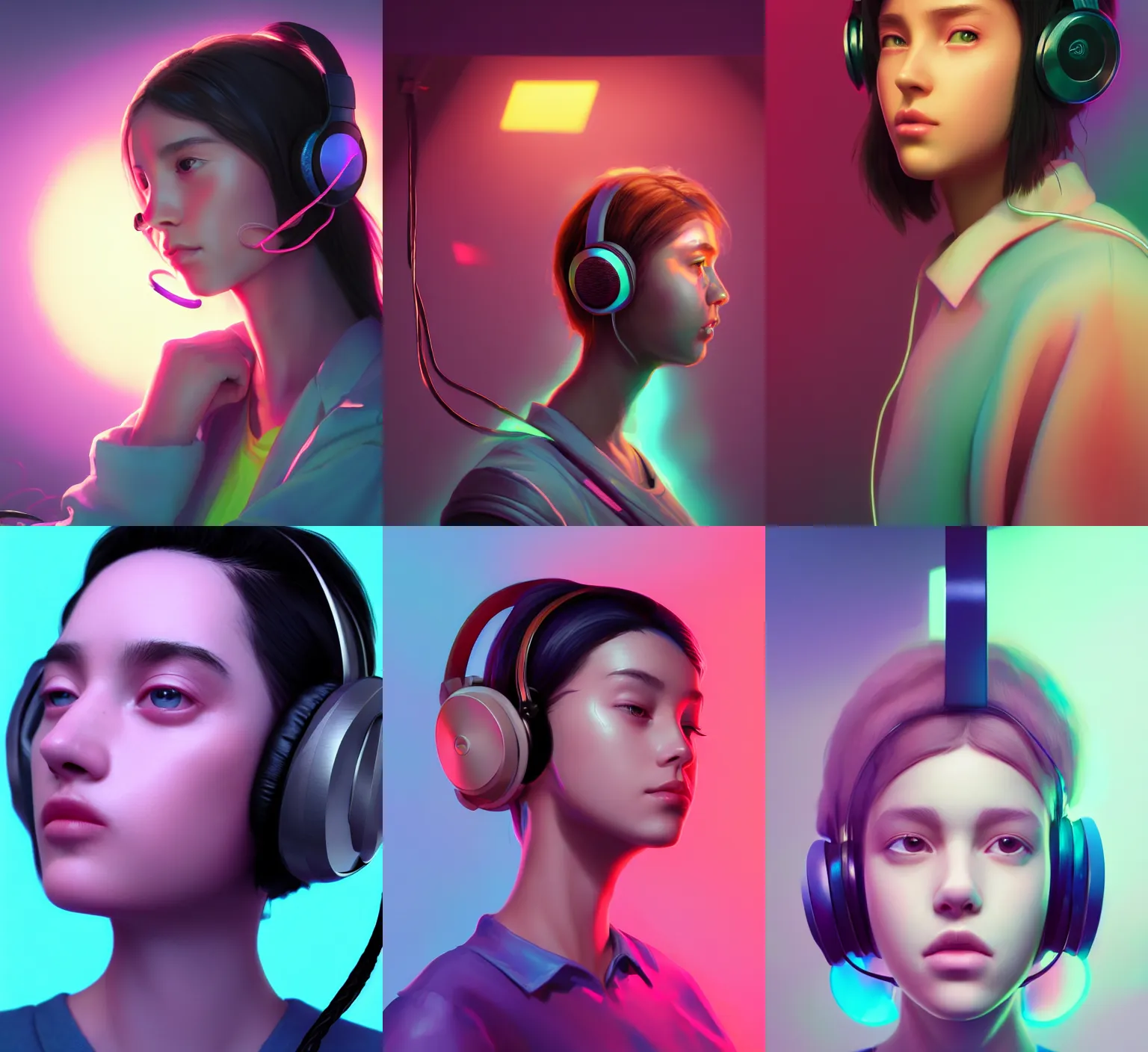 Prompt: portrait of girl wearing headphones, vaporwave vibe, cinematic lighting, concept art, smooth, sharp focus, highly detailed, unreal engine 5, octane render, artstation, deviantart, behance, trending, by feng zhu, shaddy safadi, noah bradley, tyler edlin, jordan grimmer, darek zabrocki, neil blevins