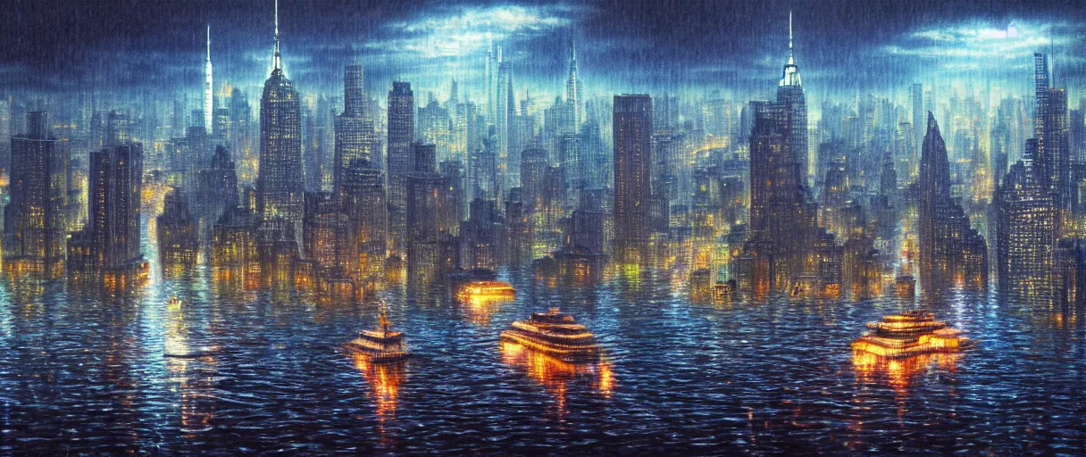 Image similar to new york city with cruising ship sailing at raining night at flooded miniature city, godrays, god helping mystic soul by yoshitaka amano, and artgerm, gediminas pranckevicius