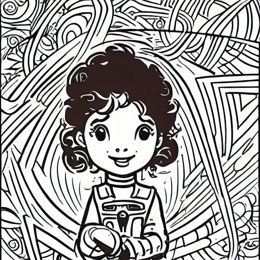 Prompt: clean simple line art of a cute little girl with a mischievous face and short brown wavy curly hair. she is dressed as an astronaut. no background. well composed, clean coloring book page, beautiful detailed face. coloring book line art by steve ditko and jack kirby and johanna basford and alphonse mucha