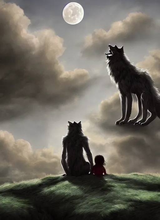 Image similar to a werewolf and a human child sitting next to each other, seen from behind, looking at the moon, fantasy art, matte painting, highly detailed