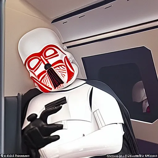 Image similar to of darth vader on his iphone on a train with a small rubber duck sitting next to him looking up at him the rest of the seats are taken up with storm troopers photorealistic