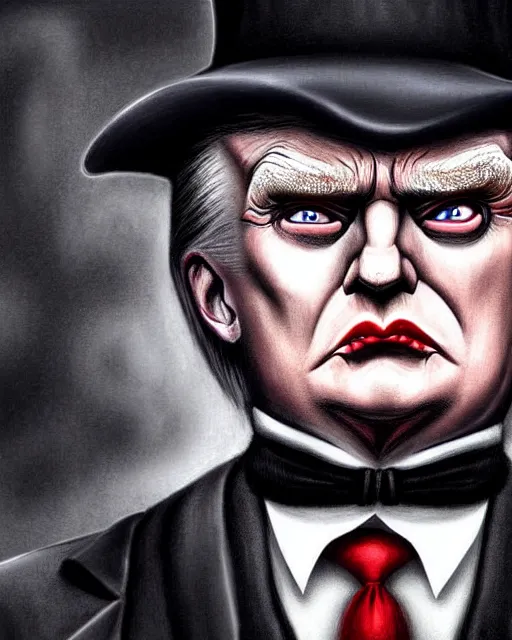 Image similar to dracula donald trump, character portrait, close up, concept art, intricate details, highly detailed, hyperrealism in the style of otto dix and h. r giger