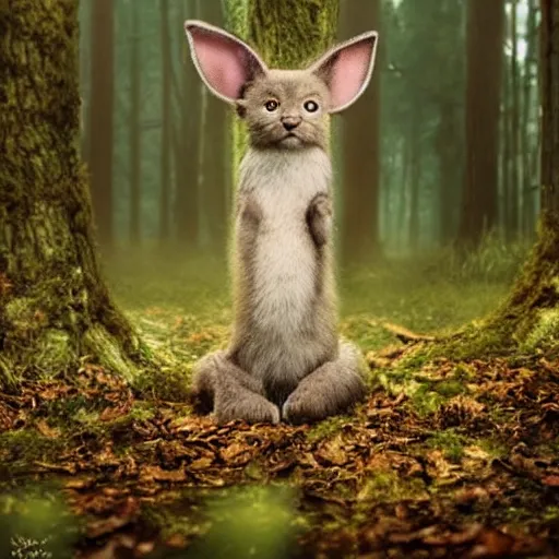 Prompt: a cute furry creature with long ears standing in a forest, michael kutsche, cinematic lighting