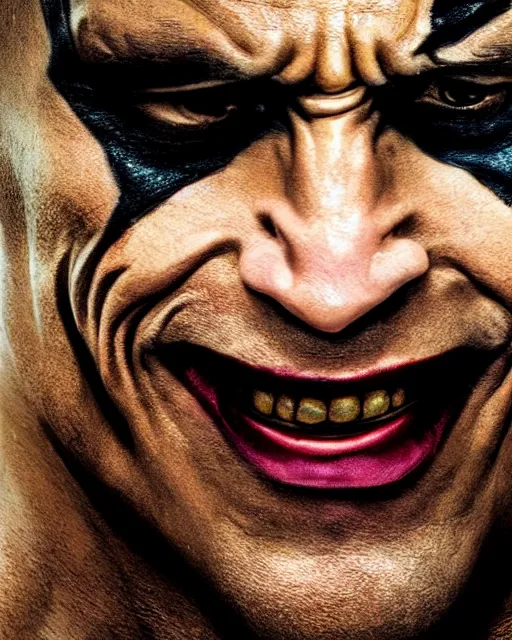 Prompt: Film still close-up shot of Dwayne The Rock Johnson as The Joker from the movie The Dark Knight. Photographic, photography
