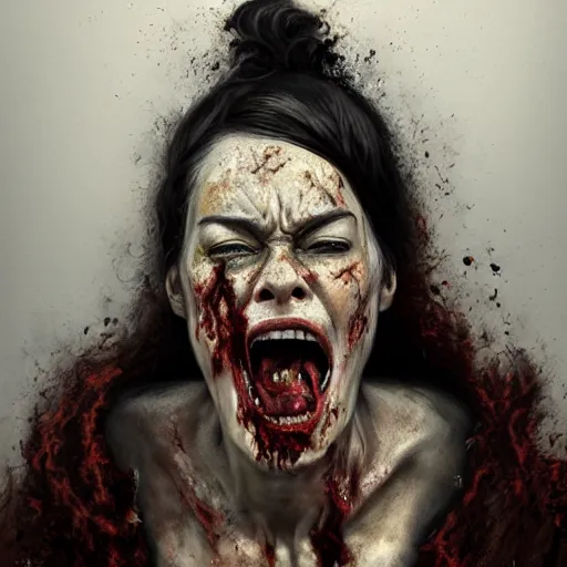 Image similar to color head portrait of lena headey screaming in agony as a zombie, 7 days to die zombie, gritty background, fine art, award winning, intricate, elegant, sharp focus, cinematic lighting, digital painting, 8 k concept art, art by michael hussar, art by brom, art by guweiz and z. w. gu, 8 k