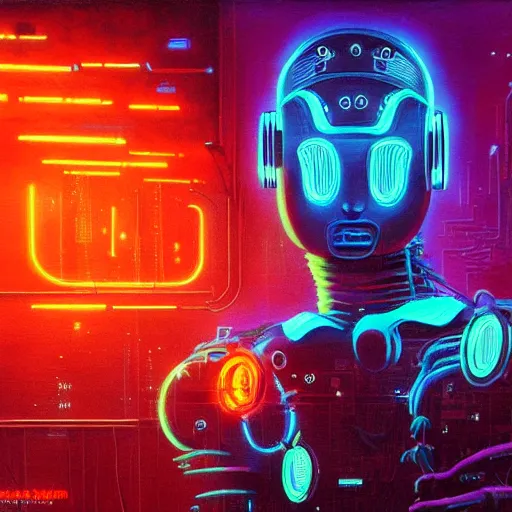 Image similar to cyberpunk robot with neon lights and exposed wiring, highly detailed beksinski style cyberpunk 2 0 7 7 painting