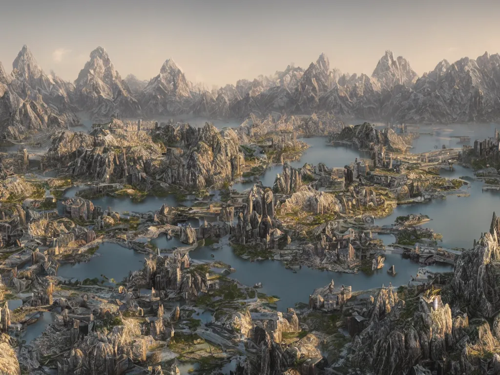 Prompt: scenic view of a fantasy city behind a black defensive rampart, tall thin elegant obsidian towers, a lake in the foreground, snowy mountain in the background, overcast dusk, matte painting by marc simonetti, ArtStation, Unreal Engine 5, Blender, rendered by Arnold, Octane, 3D, photorealism, photograph