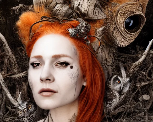 Image similar to 5 5 mm portrait photo of an armored gorgeous anesthetic redhead woman warrior with a face tattoo and horns growing from her head, and owl sitting on her shoulder in a magical forest in the style of stefan kostic, art by luis royo. highly detailed 8 k. intricate. lifelike. soft light. nikon d 8 5 0. cinematic post - processing