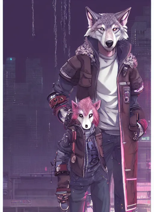 Image similar to character portrait of a male anthro wolf fursona with a tail and a cute beautiful attractive detailed furry face wearing stylish cyberpunk clothes in a cyberpunk city at night while it rains. hidari, color page, tankoban, 4K, tone mapping, Akihiko Yoshida.