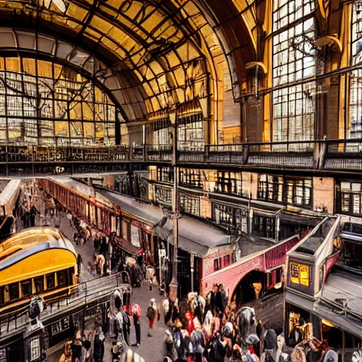 Image similar to A beautiful historical interior of Amsterdam central station with steam locomotives leaving the station, blinding backlight sunset, hyper real highly detailed