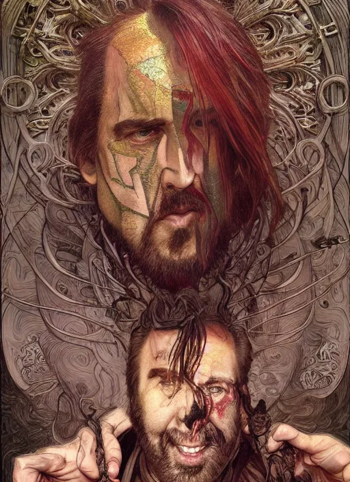 Image similar to Nicolas Cage as God of Hell, brutal, fantasy, intricate, elegant, highly detailed, digital painting, 4k, HDR, concept art, smooth, sharp focus, illustration, art by alphonse mucha,artgerm, H R Giger