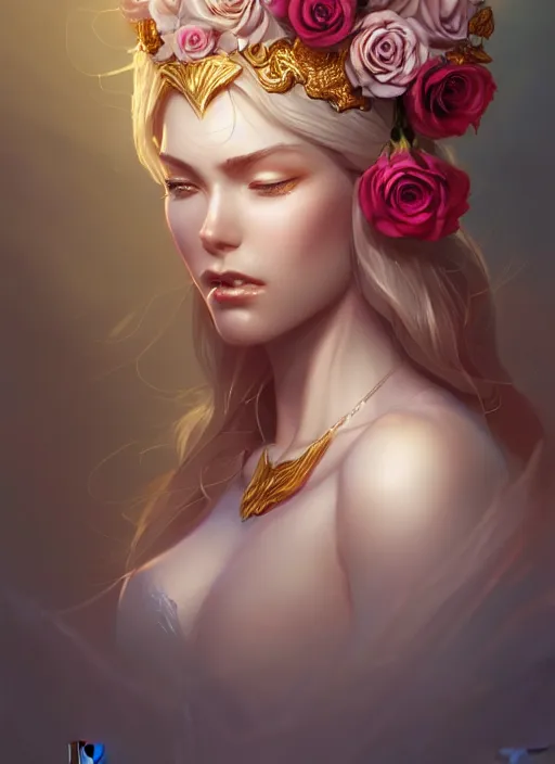 Image similar to modern goddess of beauty wide angle view, roses, flowers, gold, diamonds, highly detailed, artgerm, cushart krenz, artstation, soft light, sharp focus, illustration, character design, concept art