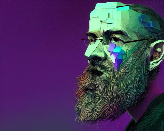 Image similar to portrait of bearded wizard with purple and green cubes orbiting head, intricate abstract. intricate artwork, by tooth wu, wlop, beeple, dan mumford. concept art, octane render, trending on artstation, greg rutkowski very coherent symmetrical artwork. cinematic, key art, hyper realism, high detail, octane render, 8 k, iridescent accents