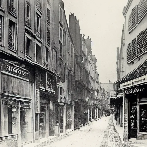 Prompt: une rue de paris vide avec des voitures garees, un restaurant avec une terrasse, des boutiques avec des neons, en debut de matinee ( ( ( en 1 8 5 0 ) ) )