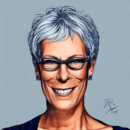 Prompt: jamie lee curtis, smiling, happy, beautiful, intelligent, powerful, white hair, loving eyes, fully clothed, wise, beautiful, dramatic lighting, sharp focus, by stanley artgerm, dramatic lighting, trending on artstation, flat colour, geometric curves, gradient filter, art deco patterns