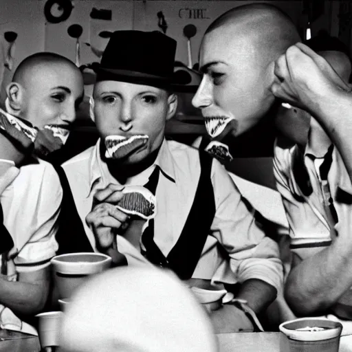 Image similar to skinheads with gently smiling eating ice cream, fashion photo by Barry Lyndon