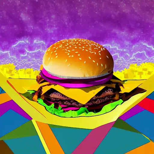 Image similar to burger and fries, falling apart, cheese flying, wacky, psychedelic art, digital art
