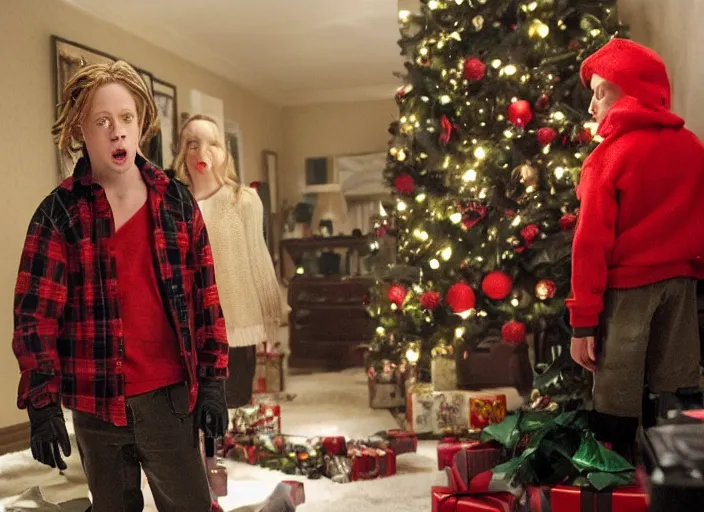 Image similar to the movie the predator starring macaulay culkin kevin mcallister home alone living room christmas vfx film