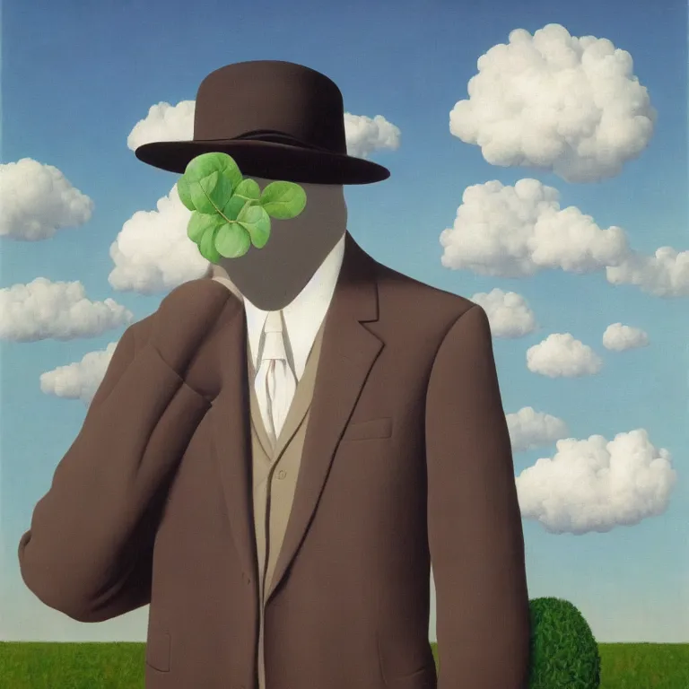 Image similar to portrait of man in a suit with cloud hiding his face by rene magritte, detailed painting, hd, hq, high resolution, high detail, 4 k, 8 k