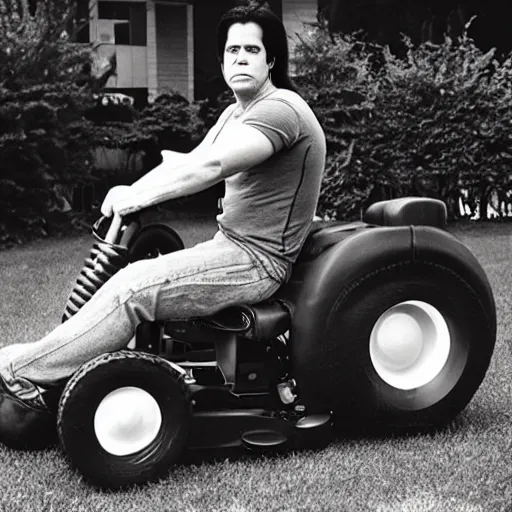 Image similar to glenn danzig on a riding lawn mower,