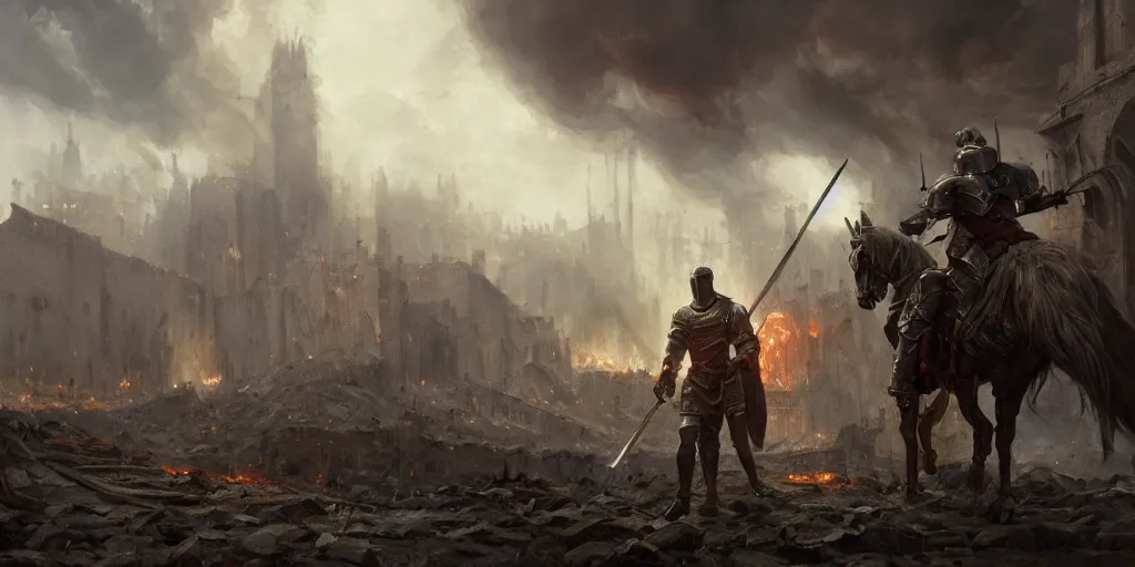 Prompt: a painting of a cinematic keyframe of a medieval knight warrior with his sword walking into a destroyed medieval town, with fire by greg rutkowski, dark fantasy art, high detail, trending on artstation