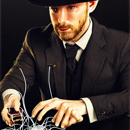 Prompt: A hyperrealistic photograph of a man with a toad's head holding a mess of wires. a glass of scotch whiskey is nearby. He is wearing an all black hat. full body, highly detailed, sharp focus, HQ.