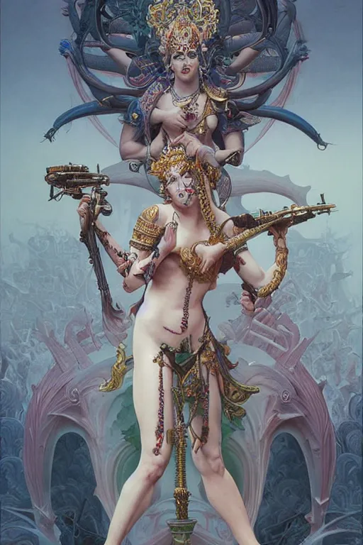 Image similar to beautiful pale Kali goddess of destruction multi arms with swords, dark fantasy, cinematic lighting, intricate, elegant, highly detailed, digital painting, artstation, smooth, sharp focus, illustration, art by artgerm and greg rutkowski and zdislav beksinski and alphonse mucha and Wayne Barlowe and william-adolphe bouguereau