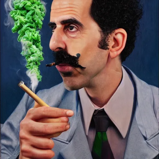Prompt: A portrait of borat sagdiyev smoking a rolled marijuana joint, 8k, hyper-detailed