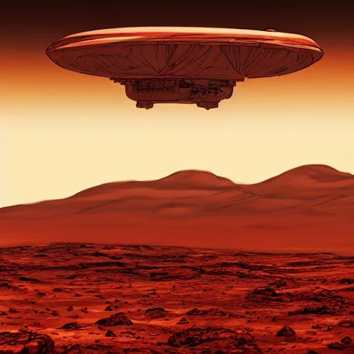 Prompt: a colony on mars by Hayao Miyazaki. a flying vehicle hovering over bright red mars surface