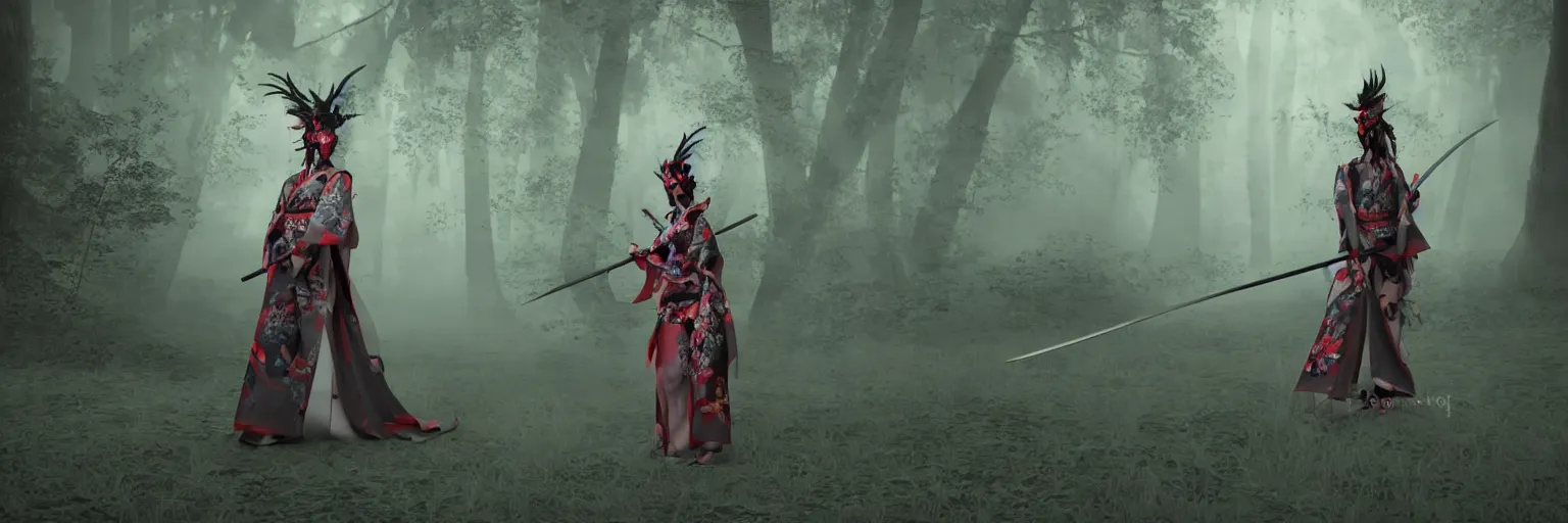 Image similar to a beautiful 3 d render of a giesha demon wearing a kimono + holding a samurai sword, innovative avant - garde art, deco fashion, photorealistic + in a serene forest setting!!!!!!!, concept art, award winning, 4 k, rule of thirds, volumetric lighting, hyper detailed, confident, moody, dramatic, octane render