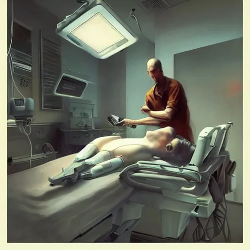 Prompt: epic masterpiece of cinematographic hyperrealism where a robot appears attending to a patient in the hospital. realistic shaded lighting poster by craig mallismo, artgerm, jeremy lipkin and michael garmash, unreal engine, radiant light, detailed and intricate environment, digital art, art station trends