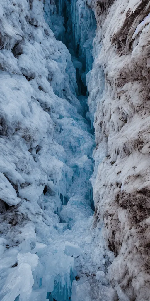 Image similar to a frozen canyon, covered in ice, in the style of reuben wu,