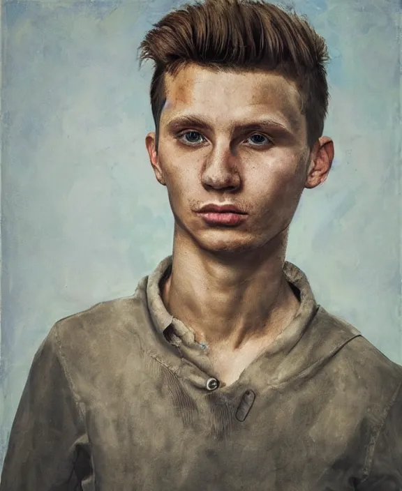 Prompt: heroic portrait of a young ukrainian man. art by denys tsiperko and bogdan rezunenko, hyperrealism