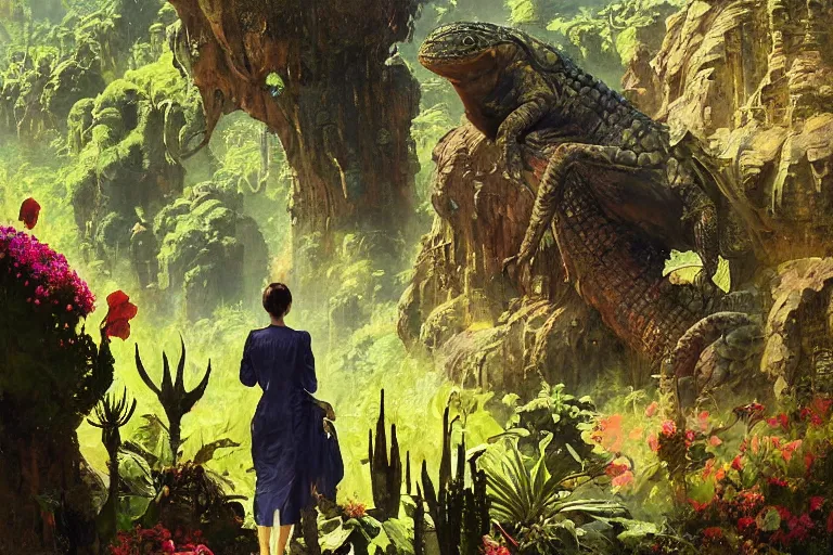 Image similar to pulp scifi illustration, elegant woman meets lizard alien in beautiful garden, flowers, baobab trees, distant town in valley and hills, spacehip lands, by norman rockwell, jack kirby, john berkey, bergey, craig mullins, ruan jia, raymond swanland, jeremy mann, beksinski, tom lovell, alex malveda, schomburg