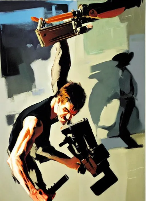 Image similar to lalo salamanca shooting howard hamlin, painting by phil hale, 'action lines'!!!, graphic style, visible brushstrokes, motion blur, blurry