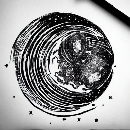 Prompt: black and white ink doodle illustration of a hippo shaped planet in interstellar space, style by peter deligdisch, peterdraws