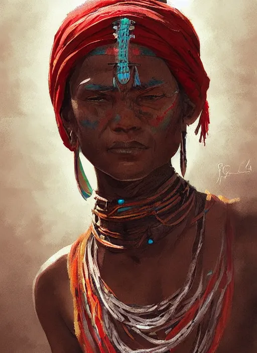 Image similar to A painting of a tribal woman, trending on artstation in the style of Greg Rutkowski